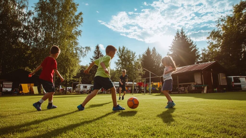 Wohnmobil Urlaub mit Kindern Kinder spielen Fussball auf Rasen