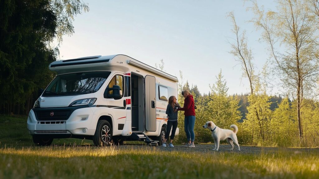 Wohnmobil mieten mit Hund Paar geht los zum wandern mit Hund